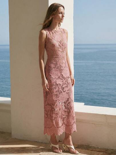 CielaLinda Women Lace Rose Sleeveless Maxi Dress