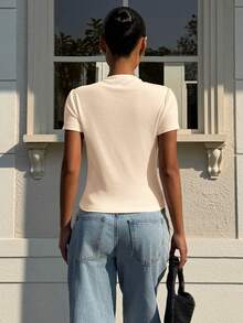 Muchica Áo thun dệt kim cổ tròn tay ngắn màu mơ dành cho nữ, kiểu dáng thường ngày, ôm sát. - Màu be - Xem 3