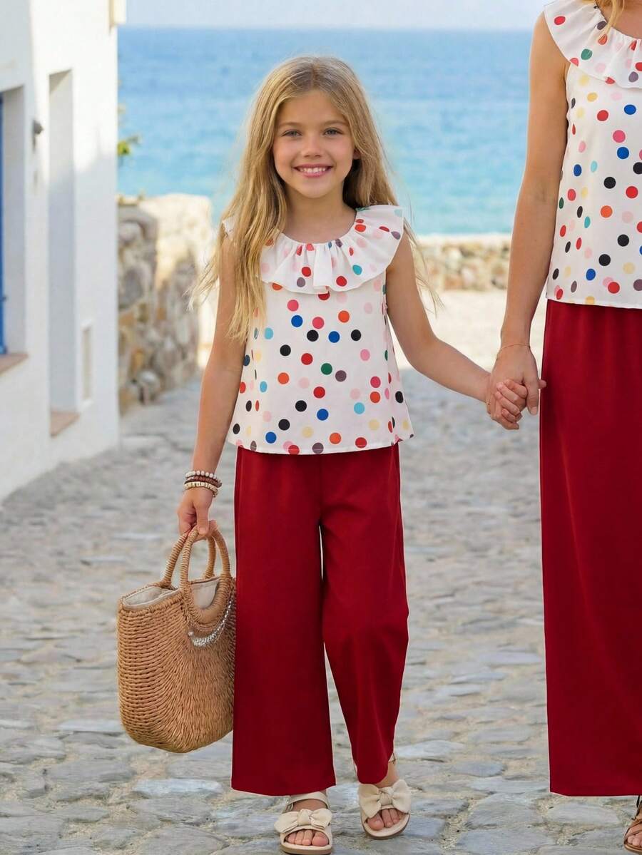 Emery Rose Kids 女童夏季休闲波点印花荷叶边下摆上衣和裤子套装 - 酒紅色 - 查看 1