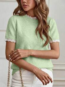 Louniche Elegant Apricot Crew Neck Lace Trim Knit Short Sleeve Sweater, Suitable For Commuting, Home, And Daily Wear, Spring/Summer - Green - View 7