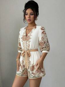SHEIN Elenzya 优雅浪漫印花V领束腰连体裤，女士度假款 - 彩色 - 查看 5