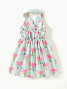 SHEIN Casuvi Kids Đầm yếm cổ yếm màu xanh bạc hà in hình cây dừa hoạt hình cho bé gái, kiểu dáng thời trang ngọt ngào không tay dáng chữ A, thích hợp cho hoạt động ngoài trời, đi biển, mặc hàng ngày và mùa hè. - Nhiều màu - Xem 2