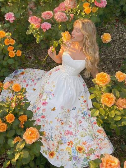 SHEIN MOD Vestido con cintura anudada con estampado floral y de mariposas, estilo vacacional para mujer