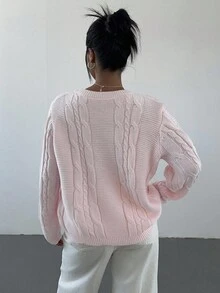 Aloruh 新款女士粉色圆领休闲长袖套头毛衣，秋冬款 - 淺粉色 - 查看 2