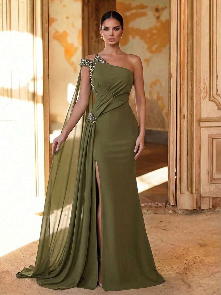 Aureia Elegant Gray-Green Elastic Knit Strapless Asymmetric Ruffle Chiffon Maxi Dress, Flattering Asymmetrical Split Design, Suitable For Weddings, Parties, And Formal Occasions