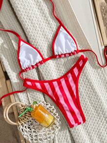 Swim Vcay Bộ bikini tam giác kẻ sọc in họa tiết ngẫu nhiên dành cho nữ, mẫu mới Xuân/Hè 2026, gồm quần bikini và áo tắm casual đi biển. - Nhiều màu - Xem 2