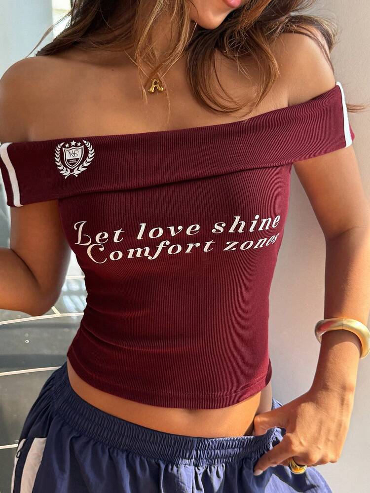 Women's Off-Shoulder Strap Splicing Printed Fitted Cropped Casual T-Shirt