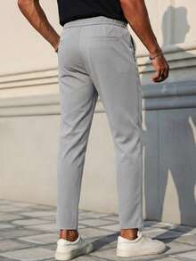 Men's Solid High-Waist Drawstring Detailed Casual Pants With Cuffed Hem - Light Grey - View 2