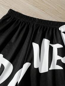 SHEIN 青少年男童休闲街头风大字母印花套头T恤和纯色短裤两件套 - 彩色 - 查看 5