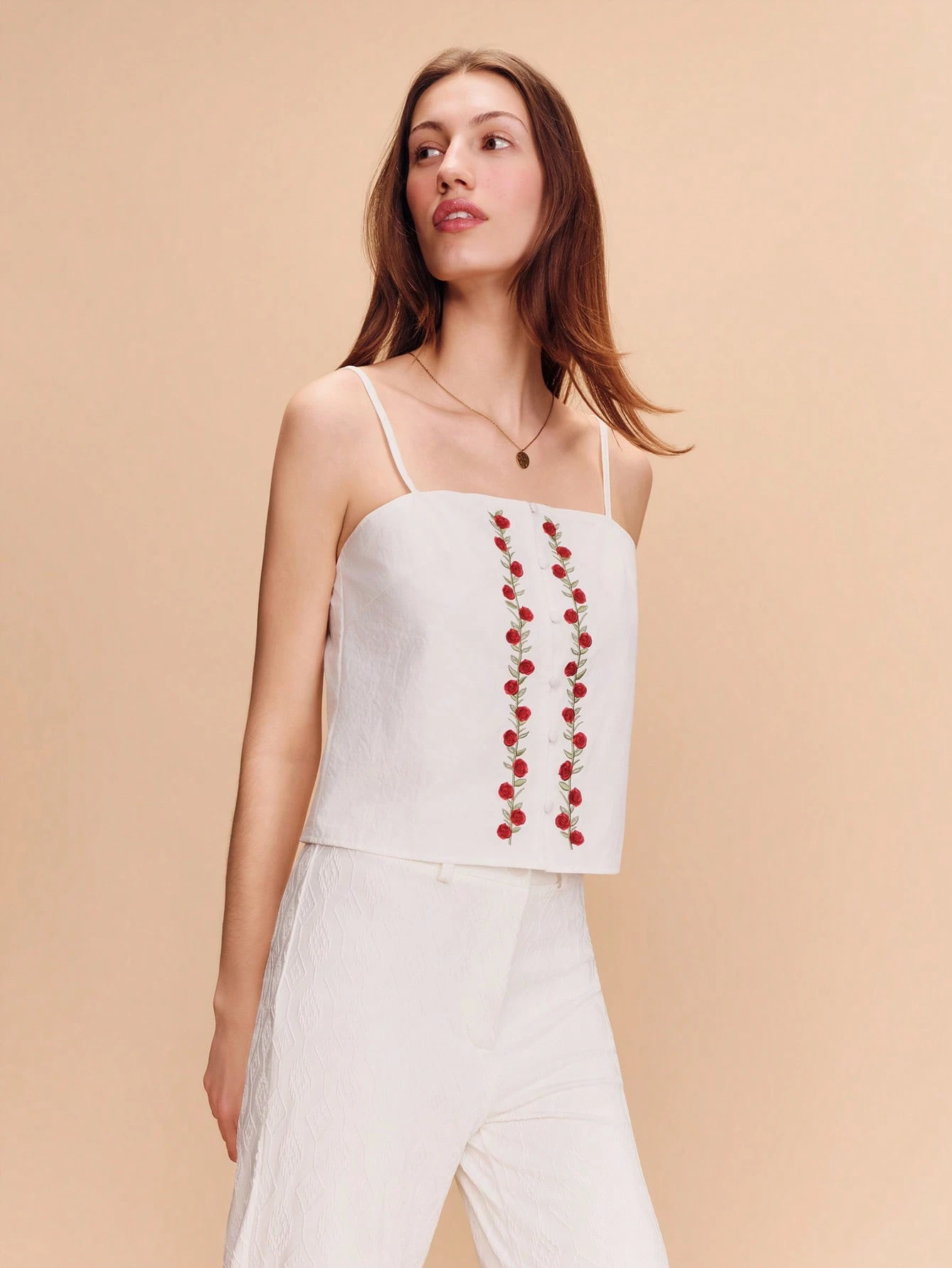 White Straight-Neck Tank Top With Red Floral Embroidery Cute Style Spring Summer French Style Parisian Style White Embroidered Flower Top Vacation Top Boho Top