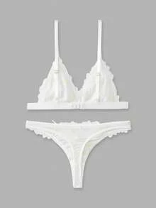 lacRébo White Floral Embroidered Mesh Lingerie Set Spring Summer French Style Parisian Style Triangle Bra And Panty Set Sexy Lingerie Set Flower Lingerie Set - White - View 8