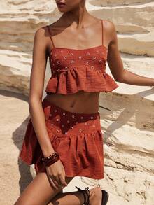 Maija 女士休闲褶皱荷叶边迷你裙，适合约会和外出穿着 - 咖啡棕 - 查看 7