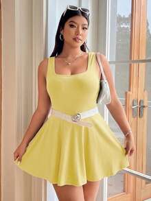 Solflare Plus Size Women's Sleeveless Solid Color Pockets Romper, One Piece Outfit In Pale Yellow - Pale Yellow - View 4