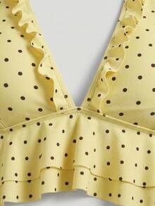 Sweetra CURVE Plus Size Contrast Color Polka Dot Print Halter Neck Swimsuit Set - Yellow - View 5
