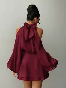 Aloruh 女士新款纯色长袖迷你连衣裙，灯笼袖A字裙，适合派对、约会、下午茶等场合，秋冬季款 - 中紫紅色 - 查看 2