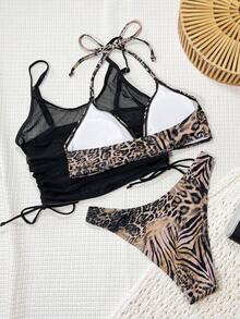 Swim SXY 3pcs Set Brown Leopard & Zebra Random Print Black Mesh Drawstring Ruched Cover Up T-Shirt V-Neck Halter Sexy Casual Women Beach Bikini Swimwear - Multicolor - View 2
