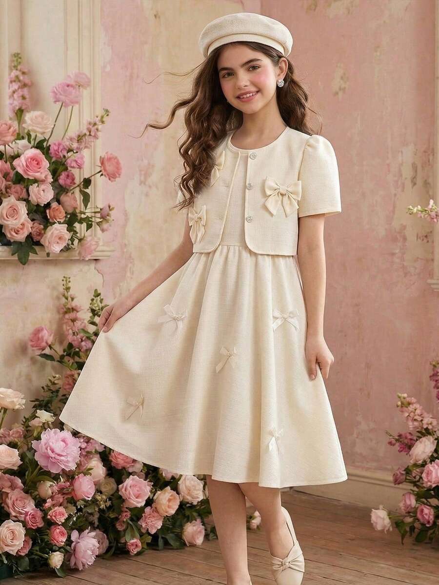 SHEIN Áo khoác ngắn tay màu mơ thắt nút tre cho bé gái, phối cùng váy không tay có khóa kéo cùng màu, mặt trước áo khoác được trang trí bằng 3 họa tiết hoa 3D màu mơ và 3 cúc ngọc trai giả, thời trang và thanh lịch, phù hợp cho mặc hàng ngày, đi làm, họp mặt và dự tiệc. - Màu be - Xem 1