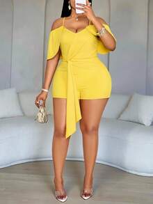 SOLERSUN 大码女装时尚纯色弹力面料修身性感露肩单肩细肩带扭结短裤连体裤，优雅奢华的连体裤，适合日常通勤和度假，休闲裤，圣帕特里克节，复活节，音乐节，四叶草，街头风格，海滩度假，野餐，日常通勤时尚百搭，端庄，波西米亚风格，端庄，飘逸。 - 黃色 - 查看 1