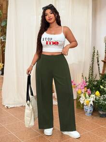 SHEIN EZwear Quần dài ống đứng đơn giản, màu trơn dành cho nữ cỡ lớn - màu xanh lá - Xem 4