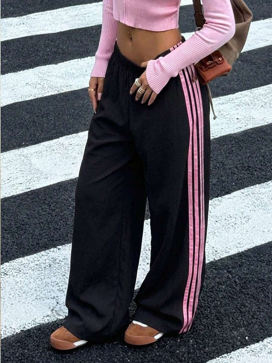 Tween Girls' Black & Pink Ribbon Loose Pants, Versatile Daily Wear, Spring/Summer New Arrival - Black - View 1