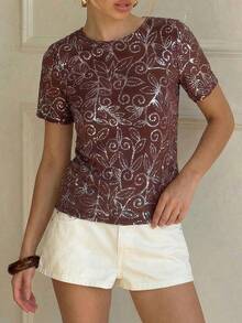 Lavishia 女士亮片装饰圆领短袖浪漫优雅衬衫 - 紫色 - 查看 4