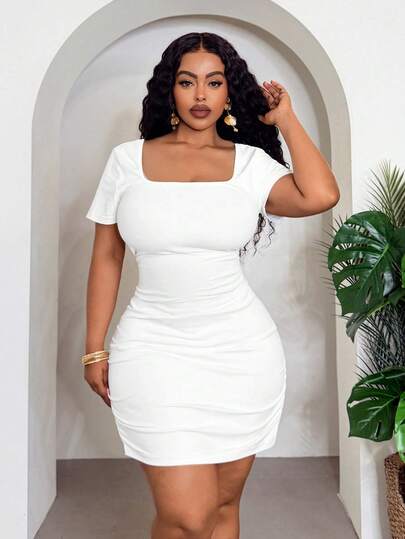 Veslaya 春夏新款加大码性感白色方领短袖褶皱修身迷你连衣裙/波西米亚风/音乐节/复活节/圣帕特里克节/西部风/游牧风/生日派对/毕业典礼/日常休闲穿搭/度假/邮轮旅行/海滩/日光浴/情人节/时尚博主风/通勤风/性感/夜间穿搭/街头风/Y2K风