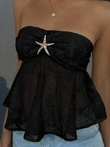 MainGRL Women's Solid Color Embroidered Textured Fabric Camisole, New Sexy Black Backless Camisole For Summer, Retro Bohemian Style Star Metal Buckle Decor Bandeau Top,Summer Top - Black - View 3