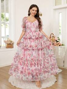 Reflora 大码女式碎花图案甜心领花瓣袖优雅连衣裙 - 粉色 - 查看 5