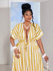 Maweii Plus Size Women Striped Short Sleeve Tie Waist Shirt And Wide Leg Pants Set - Multicolor - View 3