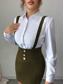 SHEIN Elenzya 吊带腰身修身半身裙，饰有纽扣，优雅浪漫精致的女士铅笔裙，适合工作、通勤和休闲外出穿着。 - 軍綠色 - 查看 8