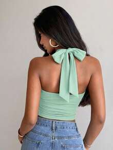 Aloruh Regata Feminina Elegante com Fivela de Metal, Cintura Marcada, Franzida e Decote com Laço - Verde Menta - Visão 8