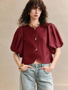 Arave Áo kiểu nữ mùa hè dệt kim sợi vàng óng ánh, tay phồng, cổ tròn, họa tiết nổi, tay ngắn. - Màu Đỏ Sâu - Xem 6