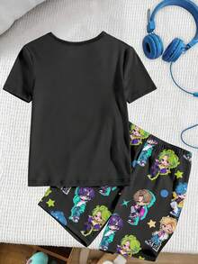 Tween Boys Pajama Set, Graphic Print Knit Crew Neck Top Paired With Allover Print Snug Fit Shorts, Summer - Black - View 2