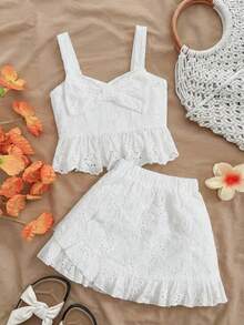 SHEIN Tween Girl Bow Front Ruffle Hem Schiffy Cami Top & Skirt - White - View 1