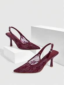 CUCCOO SZL 女士酒红色网眼婚鞋 时尚优雅百搭气质高跟鞋 - 酒紅色 - 查看 1