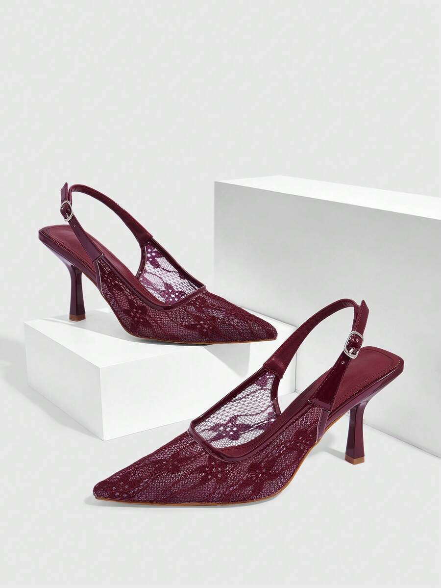 CUCCOO SZL 女士酒红色网眼婚鞋 时尚优雅百搭气质高跟鞋 - 酒紅色 - 查看 1