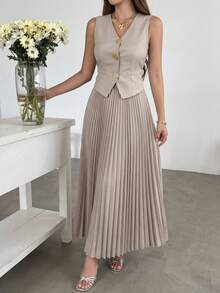 Women's Casual Solid Color Faux Pocket Pleated Vest & Skirt Suit Set, Summer Spring,Wedding Guest Dress Women - Beige - View 10