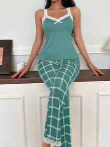 Napfluff Contrast Color Lace Patchwork Camisole & Plaid Print Pants Women Pajama Set - Mint Green - View 3