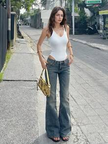 DAZY Women's Washed Vintage Korean Style Loose Flare Jeans - Blue - View 3