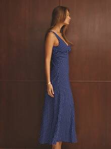 Aralina Đầm maxi chấm bi đỏ thanh lịch, giản dị dành cho nữ, hoàn hảo cho trang phục dự tiệc Giáng sinh và năm mới, trang phục dự tiệc mùa lễ hội. - Màu xanh lam - Xem 3