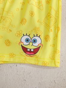 SpongeBob SquarePants | SHEIN 男婴卡通印花圆领短袖T恤和短裤休闲日常穿搭 - 彩色 - 查看 5