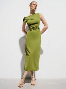 Aveloria Modichic 欧美舒适修身优雅扭结褶皱腰身金属扣装饰无袖连衣裙 - 綠色 - 查看 2