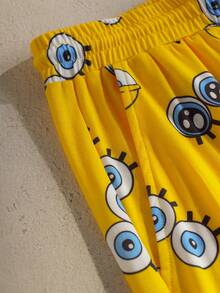 SpongeBob SquarePants | SHEIN 男士圆领字母卡通印花短袖上衣和抽绳短裤休闲家居服套装 - 灰色 - 查看 6