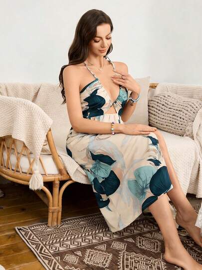 SHEIN Plant Leaf Print Cinched Waist V-Neck Slit Bodycon Vacation Dress For Women