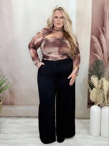 Hourglow Dollyholly86 Plus Size Women's Black Waist Asymmetric Button Straight Suit Pants Suitable For Going Out, Dating,Baggy Pants,Wide Leg Pants,Curve,Pants Suit,Elegance, For Hourglass Body Shape - Black - View 4