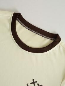 Manfinity Hypemode 男士休闲撞色滚边印花短袖T恤，夏季 - 杏色 - 查看 5