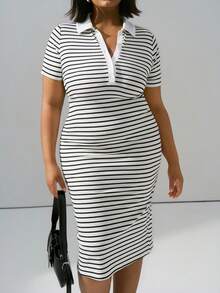 Hourglow Plus Size Colorblock Striped Short Sleeve Dress Stripe Dress Midi Bodycon Dress, For Hourglass Body Shape, For Summer - Black and White - View 6