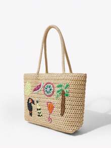 SHECARRY Sac à épaule pour femmes, sac en paille, sac tressé en paille, avec décorations telles que perroquets, ananas, palmiers et pastèques. Amusant, , personnalisé, simple, polyvalent, de rue, doux et cool pour les filles, les filles branchées, Y2K, pour la plage, les vacances, les jours fériés, l'été, le bord de mer, les fêtes de plage - Beige - Voir 3