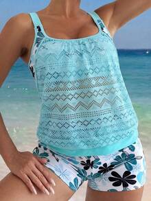 Swim Lushoire 4-Season High-Selling Beach Vacation Jacquard Adjustable Wide Strap Tankini Top & Elastic Waist Printed Swim Shorts 2 Pieces Bikini Set - Multicolor - View 5