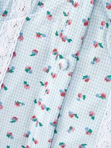 lacRébo Blusa ajustada con estampado floral de cuadros con cuello ribeteado de encaje, estilo francés primavera-verano estilo parisino - Azul - Ver 8